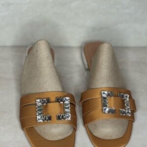 Tan Crystal Buckle Slide Sandals - Women